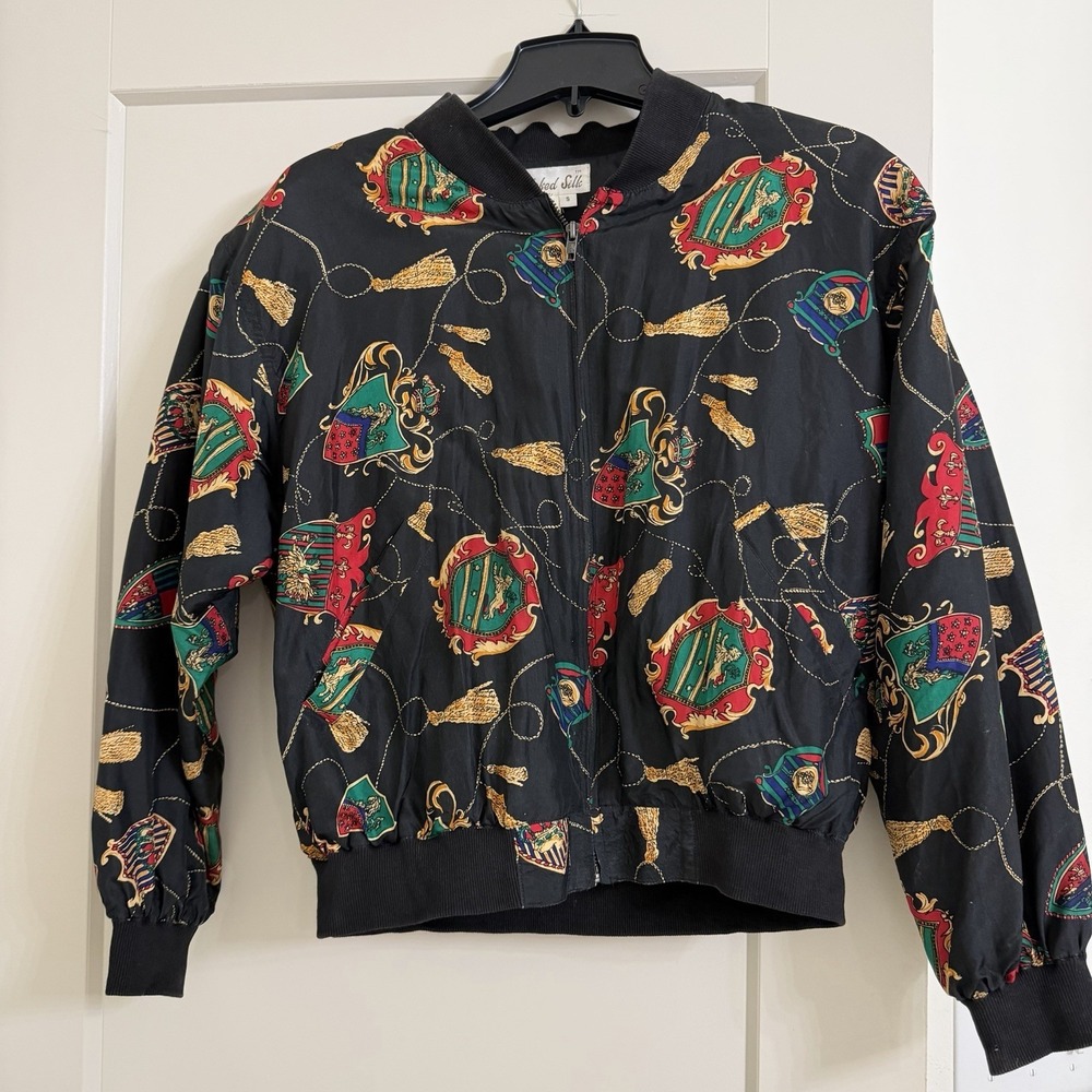 Vintage 90s Bomber Silk Jacket Adult S Black Tassels Ropes‎ Full Zip SILK ROAD